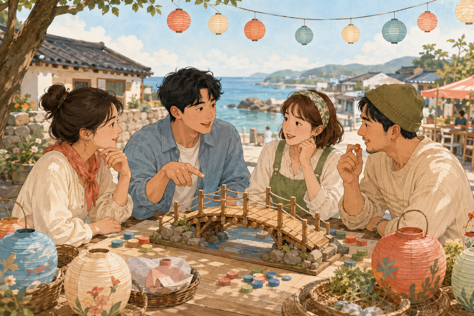 가상의 해안 마을에서 함께 다리를 만드는 사람들